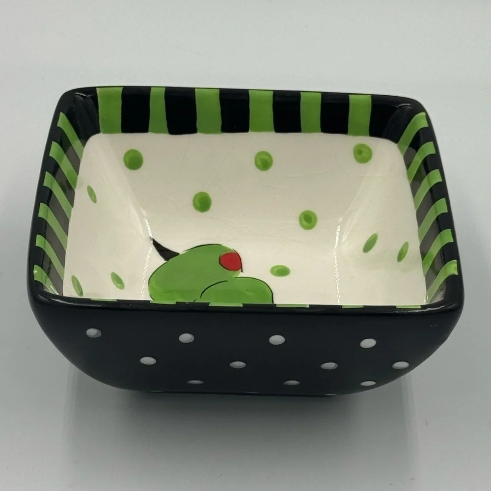 MSC Mainstreet Collection “Olive” Square Bowl  with Polka Dots